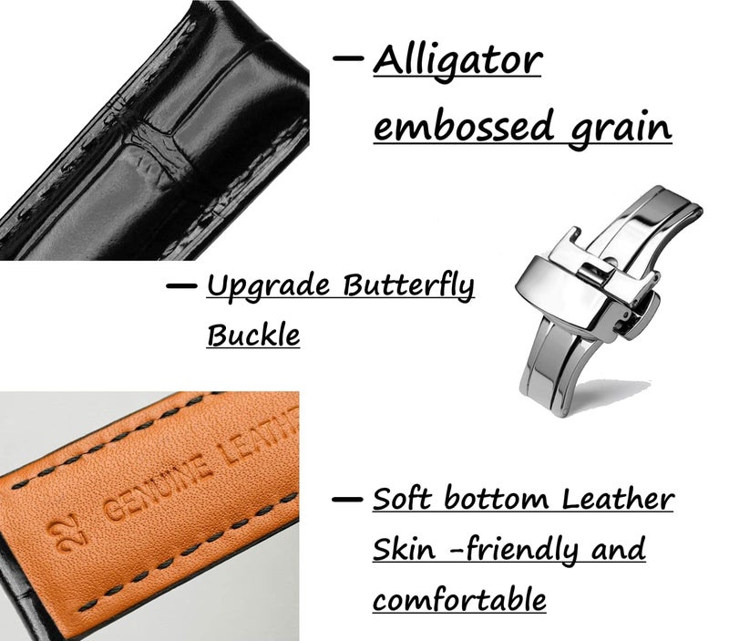 MORANO Moran Quick Release Leather Watch Bands Deployment Butterfly Buckle 18mm 20mm 22mm 24mm Blue Black Brown Calfskin Replacement Watch Strap for Men & Women - Image 4