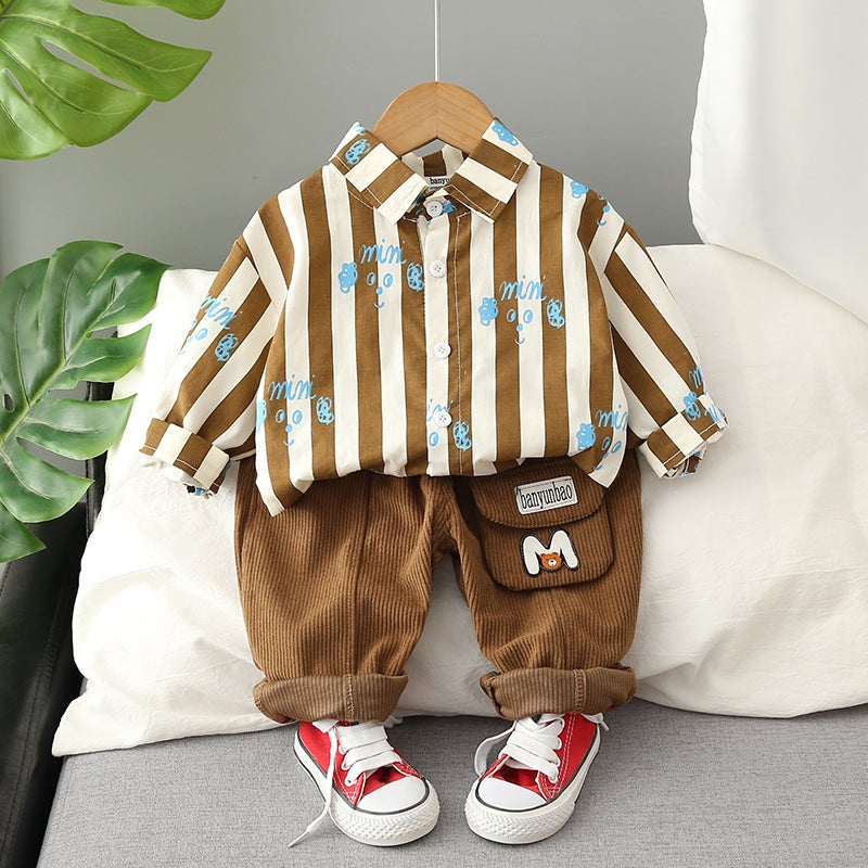 Childrens Casual Long-sleeved Shirt Boys Striped Shirt Two-piece Set Boys Casual suit Spring and Autumn Childrens Style Long Sleeve Letter M Shirt Two-Piece Set Brown