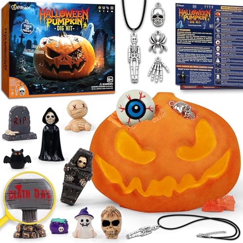 PIBEX Spooky Pumpkin Dig Kit Excavation Science Kit with 14 Hidden Treasures 4 Metal Charms 10 Creepy Minis DIY Necklace Craft Archaeology Adventure Toy for Kids Ages 6 - Image 1