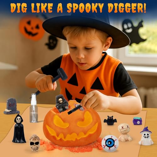 PIBEX Spooky Pumpkin Dig Kit Excavation Science Kit with 14 Hidden Treasures 4 Metal Charms 10 Creepy Minis DIY Necklace Craft Archaeology Adventure Toy for Kids Ages 6 - Image 5