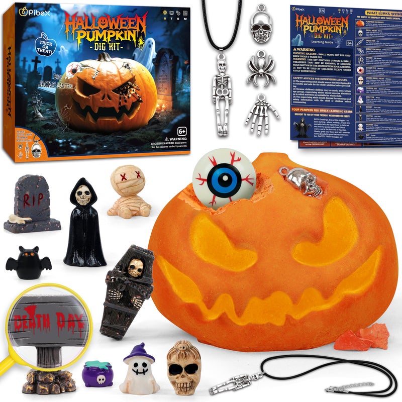 PIBEX Spooky Pumpkin Dig Kit Excavation Science Kit with 14 Hidden Treasures 4 Metal Charms 10 Creepy Minis DIY Necklace Craft Archaeology Adventure Toy for Kids Ages 6 - Image 3