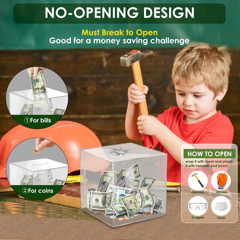 Vcertcpl Acrylic Clear Piggy Bank Money Saving Box for Cash Saving, Must Break to Open, 1.4L Capacity, Clear Cube, Unisex, Adults and Children - Image 3