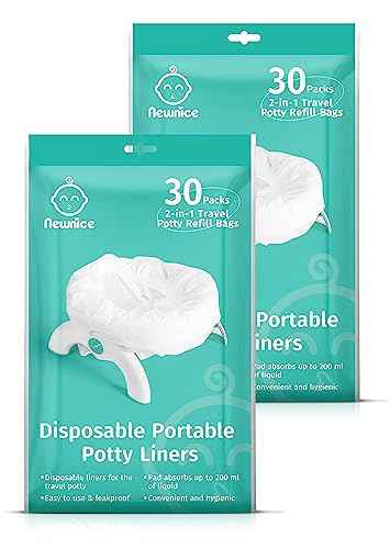 Newnice 60 Packs Disposable Potty Liners with 200ML Absorbent Pads Portable Travel Potty Bags Compatible with OXO Tot 2in1 Go Potty Potty Training Liners Fit Most Potty Chairs for Kids Toddlers
