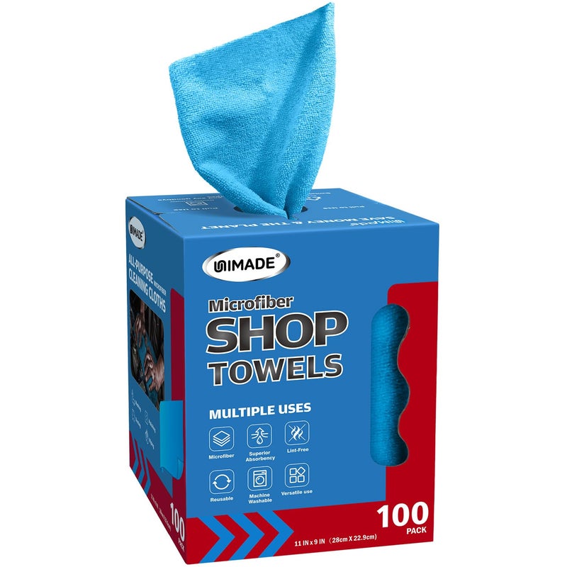 UNIMADE Shop Towels, 100 Sheets Microfiber Cleaning Cloth Commercial Grade Washcloths Lint-Free Bulk Shops Rags for Cars Mechanic Restaurant Garage Housekeeping, 11"x 9", Blue - Image 1