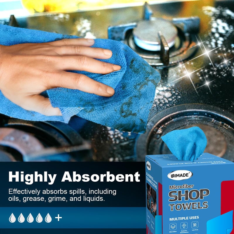 UNIMADE Shop Towels, 100 Sheets Microfiber Cleaning Cloth Commercial Grade Washcloths Lint-Free Bulk Shops Rags for Cars Mechanic Restaurant Garage Housekeeping, 11"x 9", Blue - Image 3