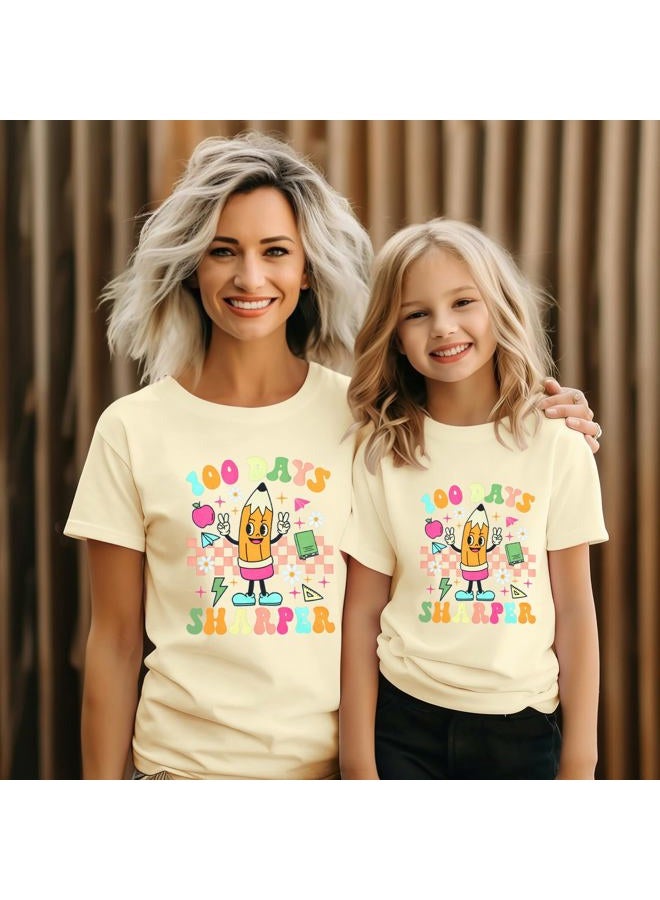 LUKYCILD 100th Day of School Shirt Women Teacher Shirts Kids 100 Days of School T-Shirt Teacher and Baby Matching Graphic Tee, Apricot-1, 9-10 Years - Image 5