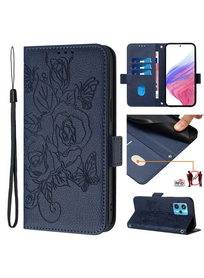Case Cover For Realme Narzo 50 Pro 5G Embossed Rose RFID Anti-theft Leather Phone Case Dark Blue