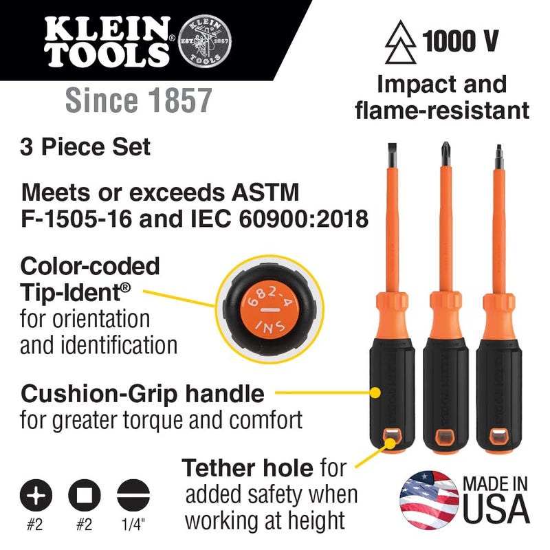 Klein Tools 85073INS Insulated Screwdriver Set features 1000V Phillips, Slotted and Square Tips, Cushion Grip Handles, 3-Piece - Image 2
