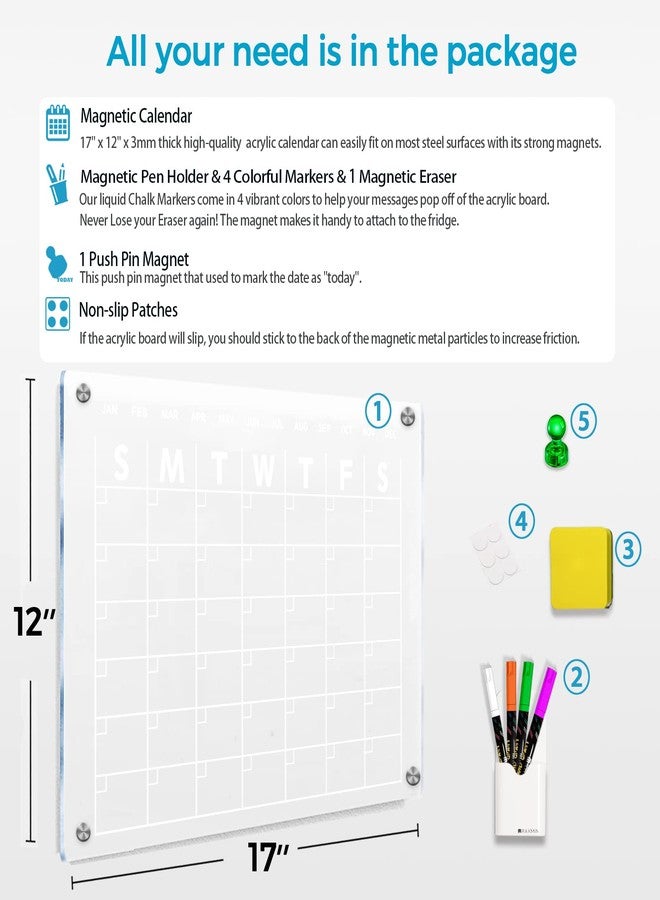 RR RAXMIN Magnetic Acrylic Calendar for Fridge 17"x12" Clear Dry Erase Calendar Board for Refrigerator Includes 4 Dry Erase Markers and Eraser - Image 2