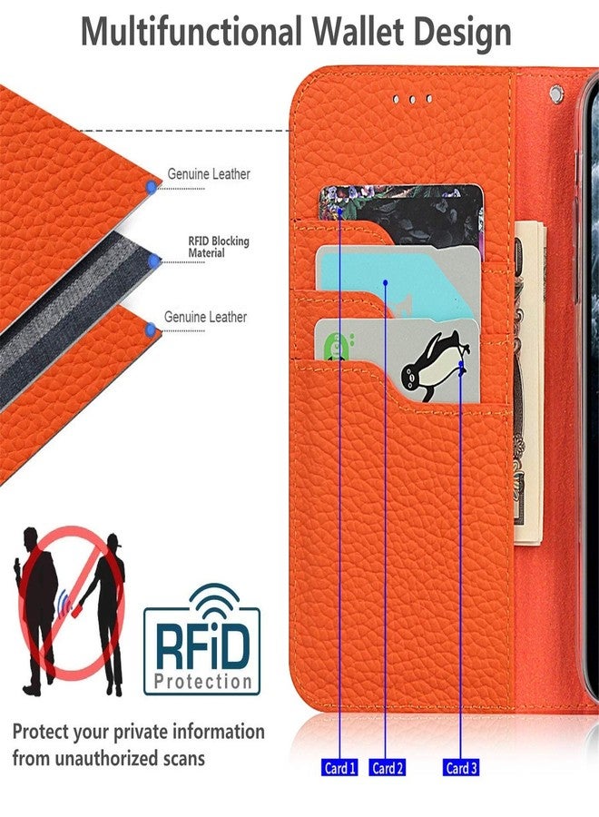 iCoverCase Compatible with iPhone 14 Pro Wallet Case, RFID Blocking Genuine Leather Magnetic With Wrist Strap, Card Slots, Kickstand Flip Cover 6.1 Inch (Orange) - Image 3