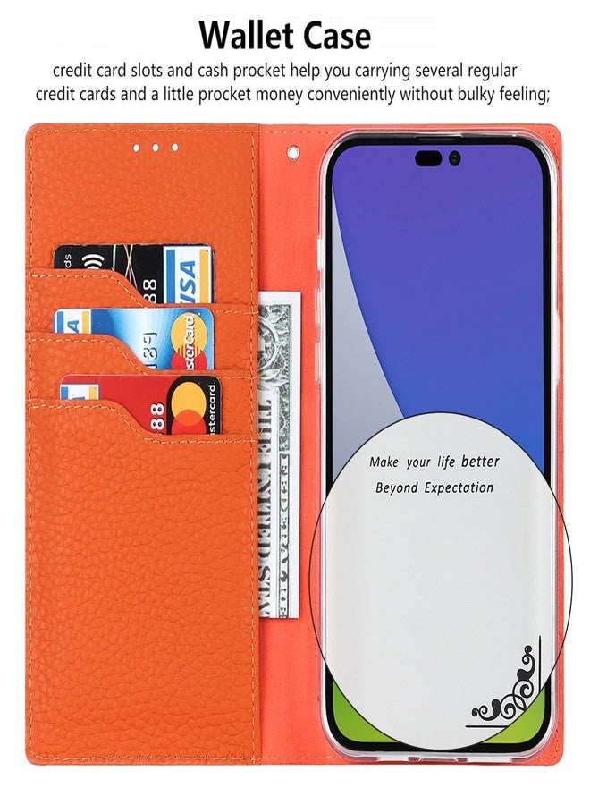 iCoverCase Compatible with iPhone 14 Pro Wallet Case, RFID Blocking Genuine Leather Magnetic With Wrist Strap, Card Slots, Kickstand Flip Cover 6.1 Inch (Orange) - Image 4