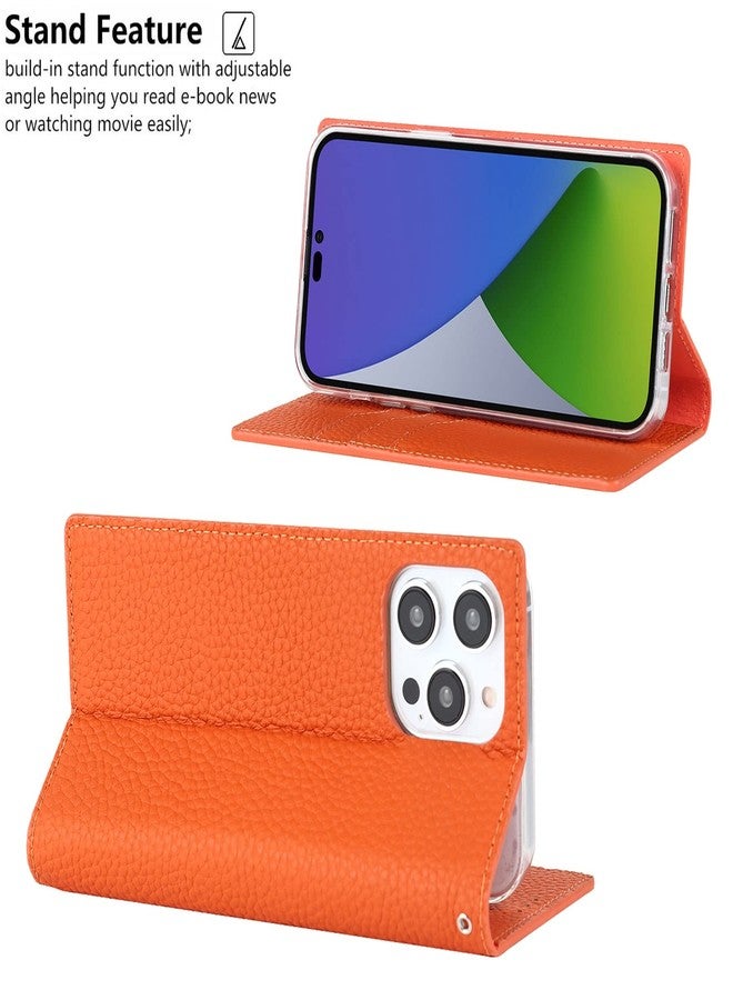 iCoverCase Compatible with iPhone 14 Pro Wallet Case, RFID Blocking Genuine Leather Magnetic With Wrist Strap, Card Slots, Kickstand Flip Cover 6.1 Inch (Orange) - Image 5