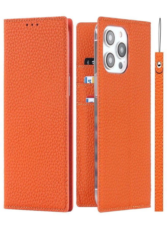 iCoverCase Compatible with iPhone 14 Pro Wallet Case, RFID Blocking Genuine Leather Magnetic With Wrist Strap, Card Slots, Kickstand Flip Cover 6.1 Inch (Orange) - Image 1