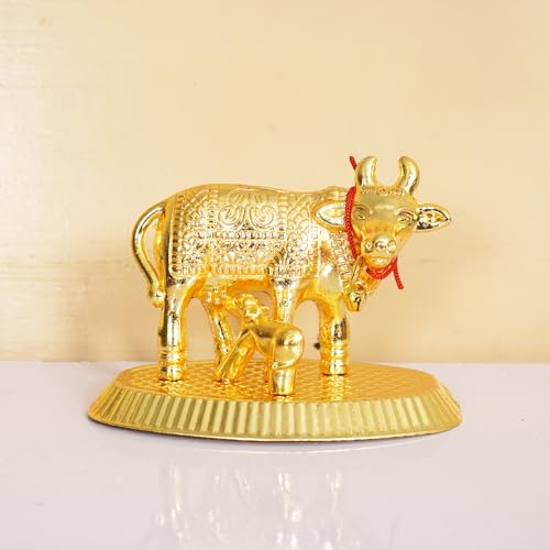 Craftam Oxidized Metal Religious kamdhenu Cow with Calf Handmade Handicraft Idol for Home Decor Gift Item - Image 1