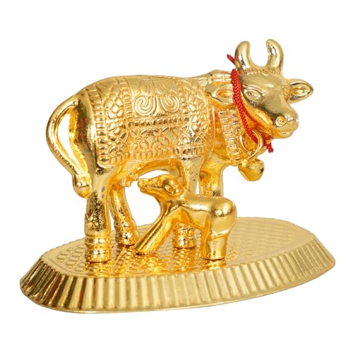 Craftam Oxidized Metal Religious kamdhenu Cow with Calf Handmade Handicraft Idol for Home Decor Gift Item - Image 2