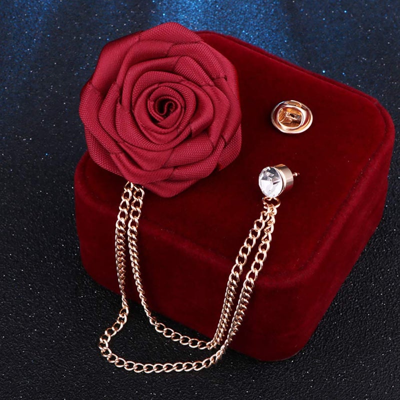 MXUHUI Fashion Bridegroom Wedding Brooches Cloth Art Hand-Made Rose Flower Brooch Lapel Pin Badge Tassel Chain Men's Suit Accessories (Red wine) - Image 3