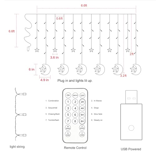 LJLNION Star Moon Curtain String Lights 138 LED, Window Curtain Lights, USB Plug with Remote Control, 8 Lighting Modes for Home Holiday Ramadan Christmas Wedding Party Patio Lawn, Warm White - Image 3