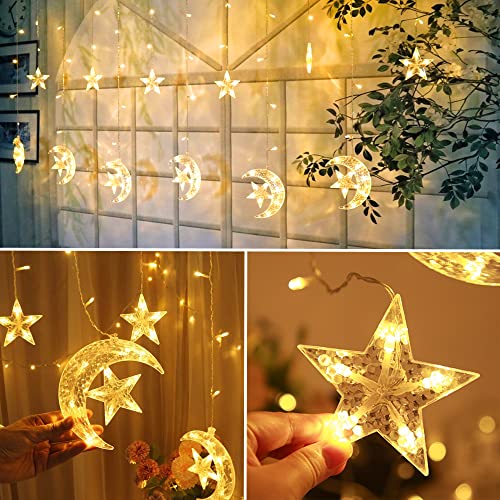 LJLNION Star Moon Curtain String Lights 138 LED, Window Curtain Lights, USB Plug with Remote Control, 8 Lighting Modes for Home Holiday Ramadan Christmas Wedding Party Patio Lawn, Warm White - Image 2