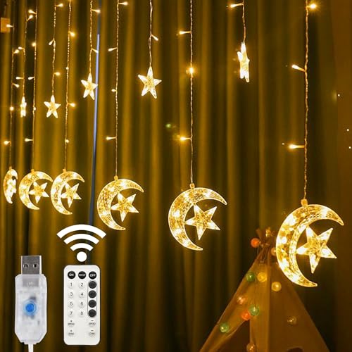 LJLNION Star Moon Curtain String Lights 138 LED, Window Curtain Lights, USB Plug with Remote Control, 8 Lighting Modes for Home Holiday Ramadan Christmas Wedding Party Patio Lawn, Warm White - Image 1