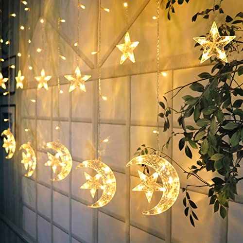LJLNION Star Moon Curtain String Lights 138 LED, Window Curtain Lights, USB Plug with Remote Control, 8 Lighting Modes for Home Holiday Ramadan Christmas Wedding Party Patio Lawn, Warm White - Image 4
