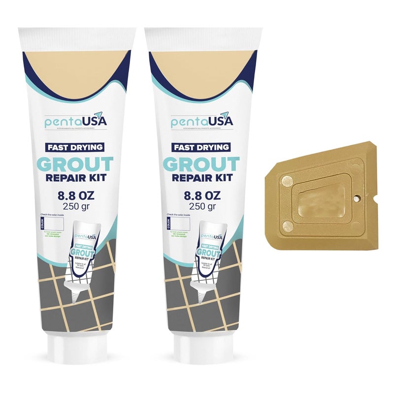 PENTAUSA Grout - Premixed Grout Repair Set, 8.8 oz, 2 Pack Tile Grout Tubes, Repairs and Renews Tile Grout in Bathroom and Kitchen, Odorless and Safe Formula - 2 Pack (Beige) - Image 1