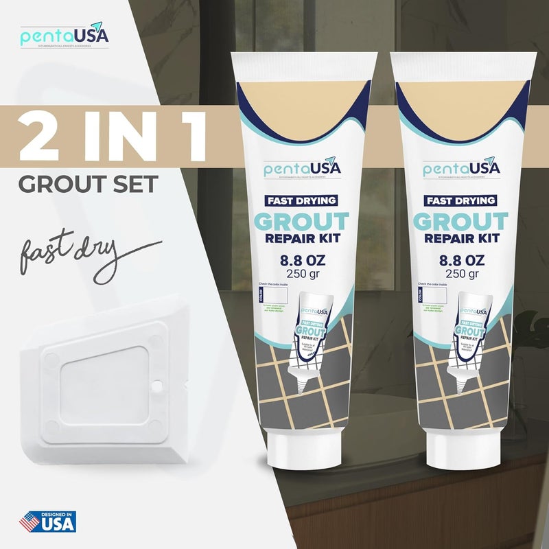 PENTAUSA Grout - Premixed Grout Repair Set, 8.8 oz, 2 Pack Tile Grout Tubes, Repairs and Renews Tile Grout in Bathroom and Kitchen, Odorless and Safe Formula - 2 Pack (Beige) - Image 2