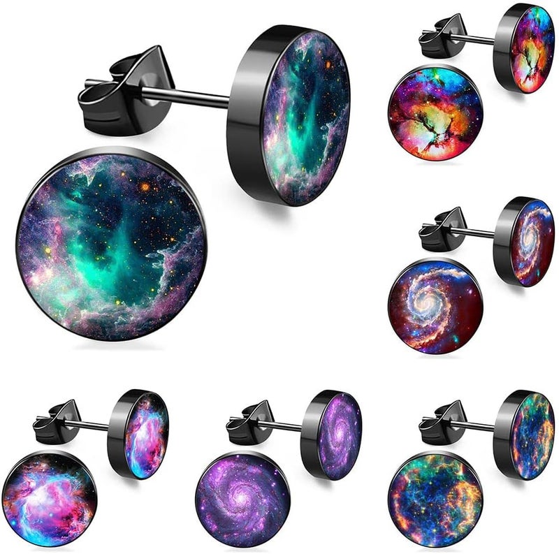 FLYUN Fake Gauges, 6 Pairs Men's Earrings, Faux Plugs Black Stud Surgical Steel Screw Flat Back Punk Earrings Hypoallergenic 18G/1MM - Image 1