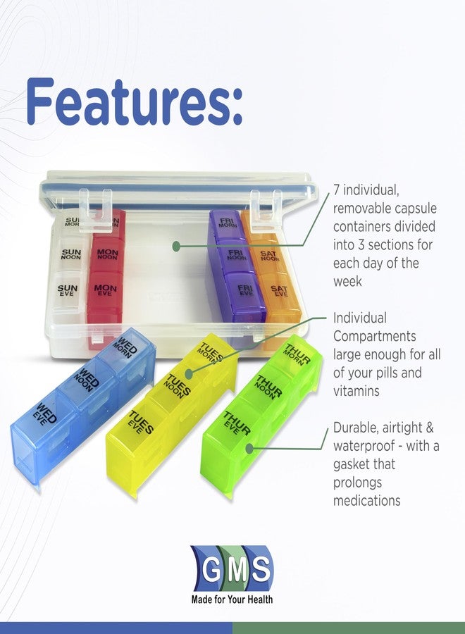 GMS 7-Day 3-Times-a-Day Pill Organizer - With Daily Removable Medication Containers, Suitable for Vitamin & Medicine Use - Secure, Sturdy, Waterproof Weekly Tablet Organizer, Ideal Pill Box for Travel - Image 2