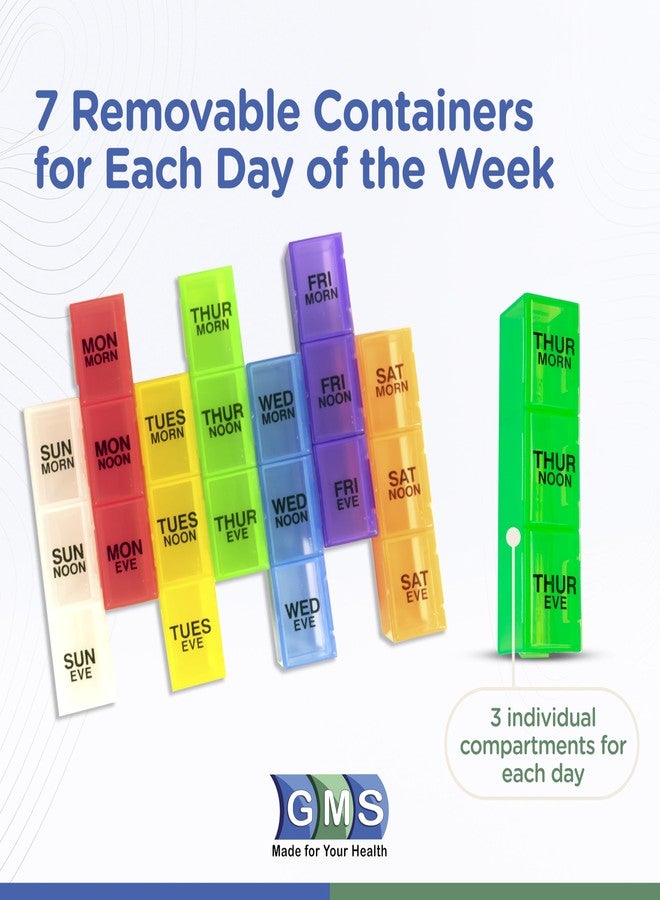 GMS 7-Day 3-Times-a-Day Pill Organizer - With Daily Removable Medication Containers, Suitable for Vitamin & Medicine Use - Secure, Sturdy, Waterproof Weekly Tablet Organizer, Ideal Pill Box for Travel - Image 5