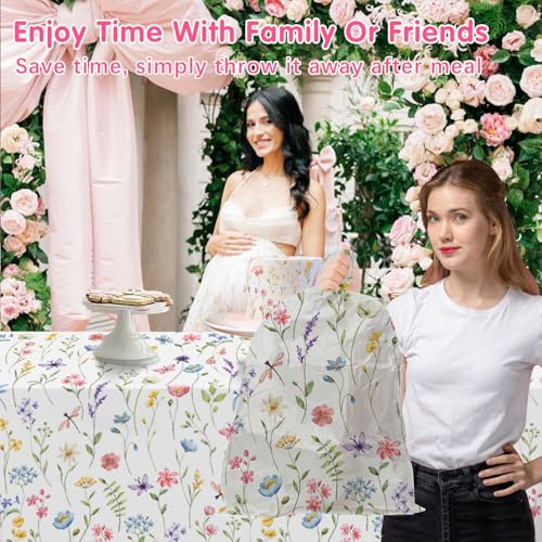 Homanu 3 Pack Wildflower Party Decorations Tablecloths, Large Size 54 X 108 Inch Rectangle Floral Tablecloth Plastic Table Cover for Birthday Party Baby Shower Decorations - Image 2