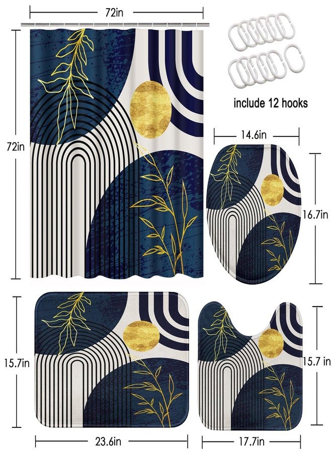 Tayney Dark Blue and Gold Boho Mid Century Shower Curtain Set with Toilet Lid Cover and Non-Slip Rugs, Abstract Geometric 4 Pcs Modern Minimalist Shower Curtain for Bathroom Set with 12 Hooks - Image 2