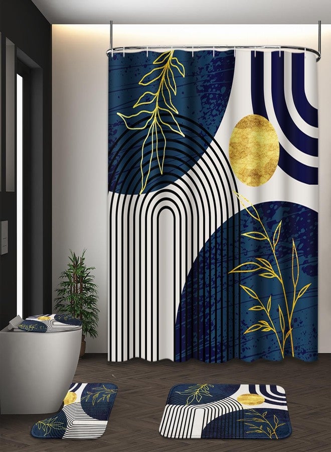 Tayney Dark Blue and Gold Boho Mid Century Shower Curtain Set with Toilet Lid Cover and Non-Slip Rugs, Abstract Geometric 4 Pcs Modern Minimalist Shower Curtain for Bathroom Set with 12 Hooks - Image 1