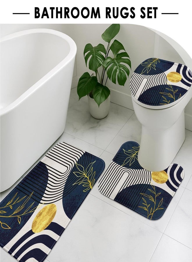 Tayney Dark Blue and Gold Boho Mid Century Shower Curtain Set with Toilet Lid Cover and Non-Slip Rugs, Abstract Geometric 4 Pcs Modern Minimalist Shower Curtain for Bathroom Set with 12 Hooks - Image 5
