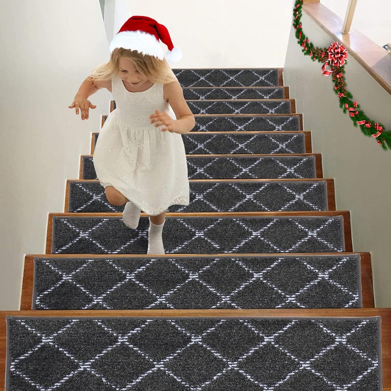 BEQHAUSE Stair Treads for Wooden Steps Non Slip Machine Washable Stair Runner Soft Polyester Stair Rugs 28inX9in for EldersKids and Dogs with SelfAdhesive Backing 15pcsDark Grey