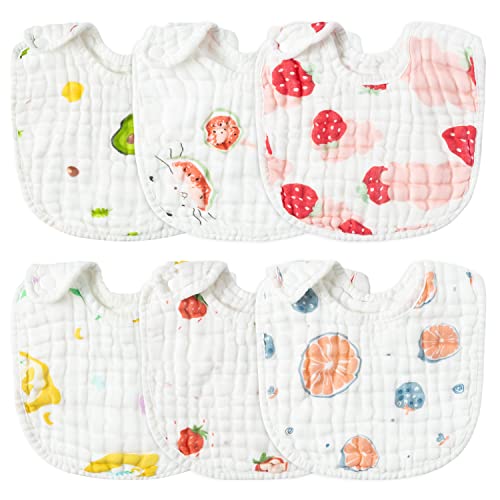 Zainpe 6Pcs Snap Muslin Cotton Baby Bibs Strawberry Lemon Avocado Pattern Infants Feeding Bib Adjustable Machine Washable Unisex Burp Cloths with 6 Absorbent & Soft Layers for Drooling and Teething - Image 1