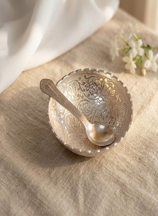POSHIFY Pure Aluminium Silver Plated Bowl N Spoon | Handcrafted Krishna Feeding for Puja | Traditional Aluminium Bowl and Spoon, | Spiritual Home Decor - 2905 - Image 5