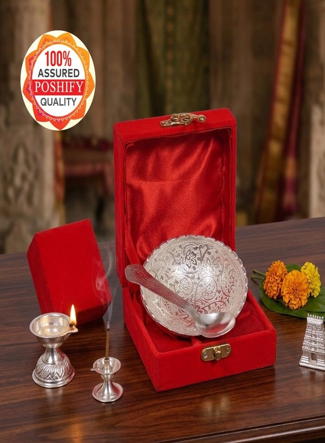 POSHIFY Pure Aluminium Silver Plated Bowl N Spoon | Handcrafted Krishna Feeding for Puja | Traditional Aluminium Bowl and Spoon, | Spiritual Home Decor - 2905 - Image 4