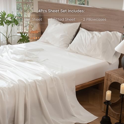 MooMee Bedding Sheet Set 100% Washed Cotton Linen Like Textured Breathable Durable Soft Comfy (Solid Off White, King) - Image 2
