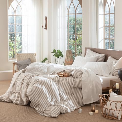 MooMee Bedding Sheet Set 100% Washed Cotton Linen Like Textured Breathable Durable Soft Comfy (Solid Off White, King) - Image 3
