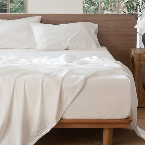 MooMee Bedding Sheet Set 100% Washed Cotton Linen Like Textured Breathable Durable Soft Comfy (Solid Off White, King) - Image 5