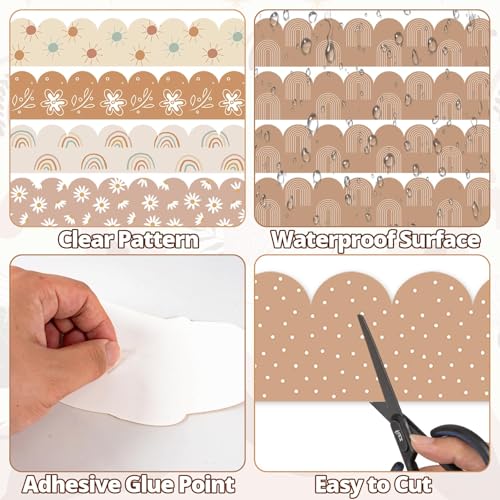 VABAMNA 84Ft Boho Bulletin Board Borders, Boho Classroom Decorations, Retro Floral Daisy Sun Rainbow Dot Trim Borders for Teacher School Supplies Classroom Door Wall Decor, 6 Styles, Brown - Image 4