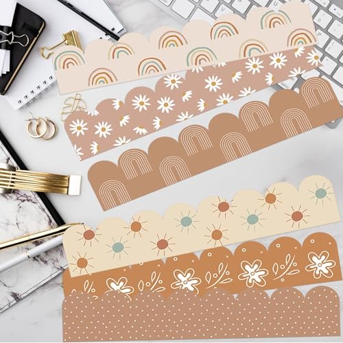 VABAMNA 84Ft Boho Bulletin Board Borders, Boho Classroom Decorations, Retro Floral Daisy Sun Rainbow Dot Trim Borders for Teacher School Supplies Classroom Door Wall Decor, 6 Styles, Brown - Image 5