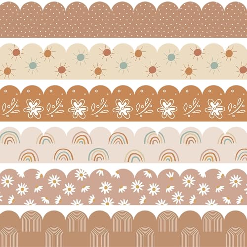 VABAMNA 84Ft Boho Bulletin Board Borders, Boho Classroom Decorations, Retro Floral Daisy Sun Rainbow Dot Trim Borders for Teacher School Supplies Classroom Door Wall Decor, 6 Styles, Brown - Image 1