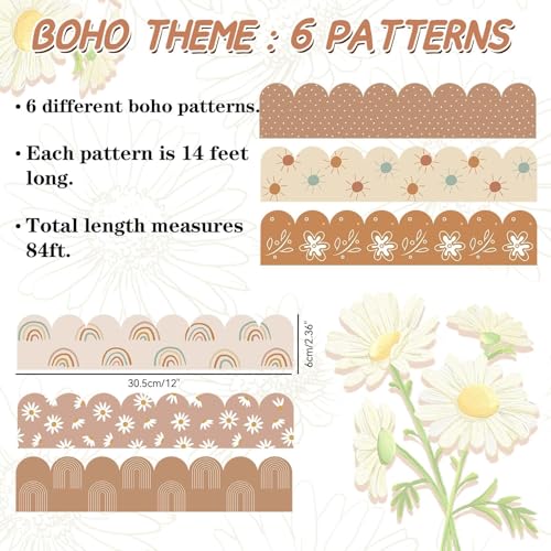 VABAMNA 84Ft Boho Bulletin Board Borders, Boho Classroom Decorations, Retro Floral Daisy Sun Rainbow Dot Trim Borders for Teacher School Supplies Classroom Door Wall Decor, 6 Styles, Brown - Image 3