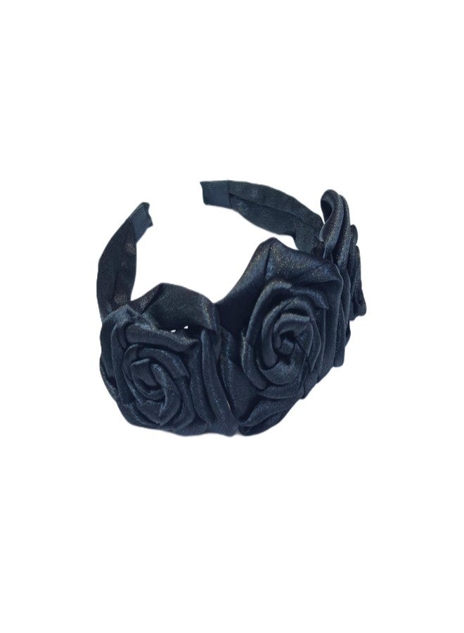 Fairytale Satin Flower Hair Band for Girls, Hot Pink, Black, Purple, Cream Floral Headband with Rosette Design Hair Decorative Hair Accessories. (Black) - Image 1