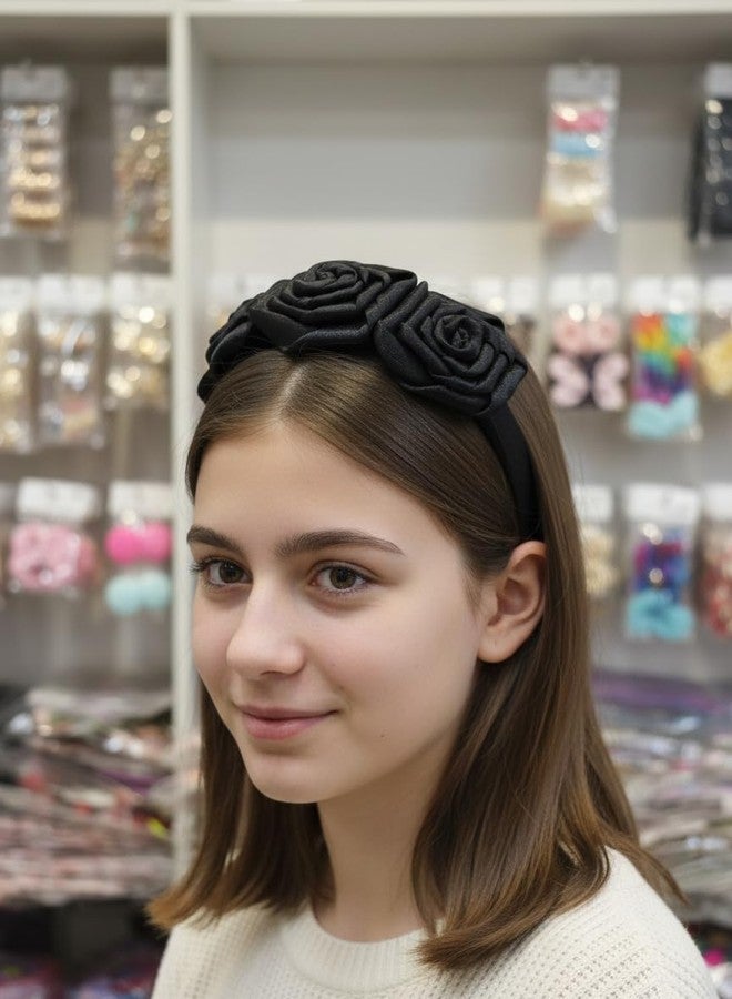 Fairytale Satin Flower Hair Band for Girls, Hot Pink, Black, Purple, Cream Floral Headband with Rosette Design Hair Decorative Hair Accessories. (Black) - Image 2