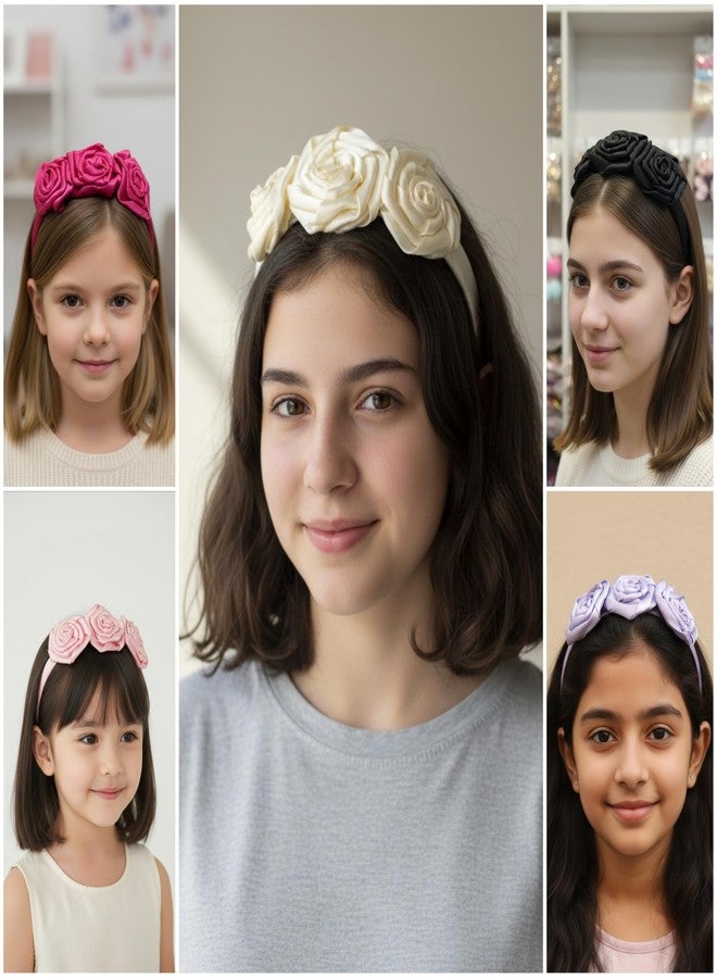 Fairytale Satin Flower Hair Band for Girls, Hot Pink, Black, Purple, Cream Floral Headband with Rosette Design Hair Decorative Hair Accessories. (Black) - Image 5