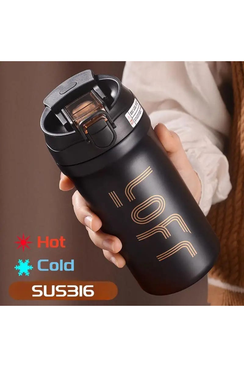 كوب قهوة حراري أسود سعة 600 مل/21 أونصة مع شفاطة، جدار مزدوج معزول بتقنية التسامي، مقاوم للتسرب