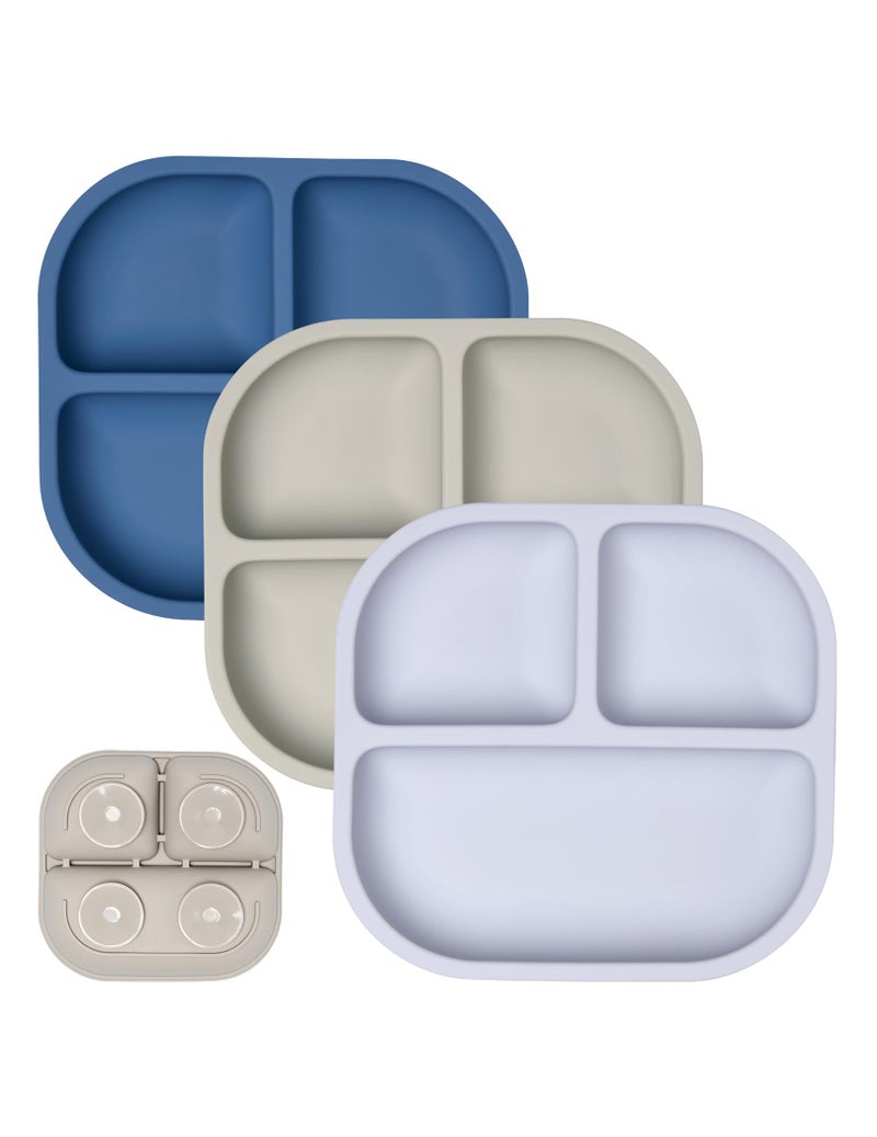 BABELIO Powerful Suction Plates for Baby and Toddler, 100% Food Grand Silicone, Divided, BPA Free, Microwave & Dishwasher Safe, Stay Put, 3 Pack - Image 1