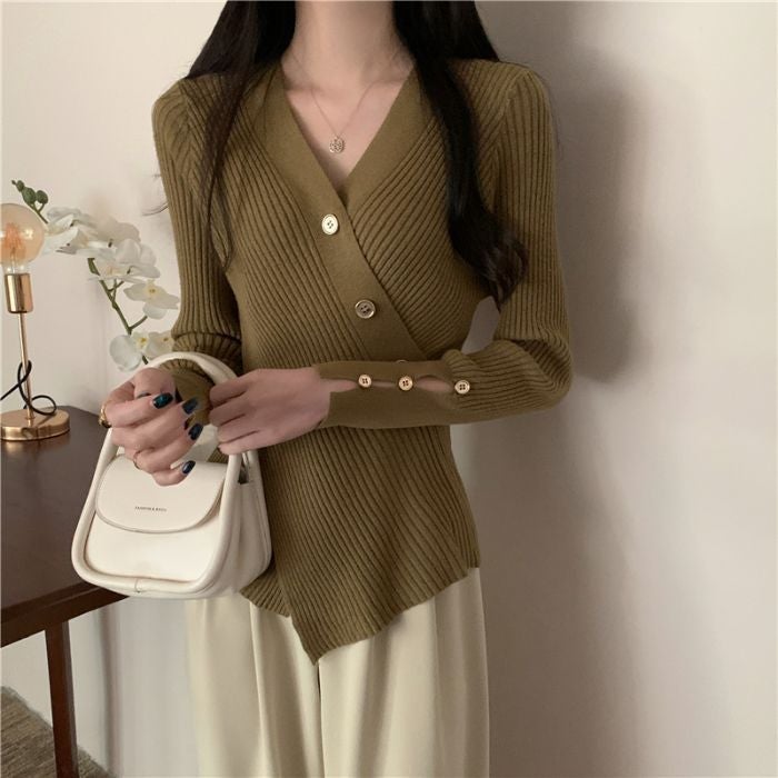 Irregular Cross Design V-Neck Inner Base Shirt Women'S Early Autumn High-End Knitwear Slim-Fit Slim-Fit Top - Image 1